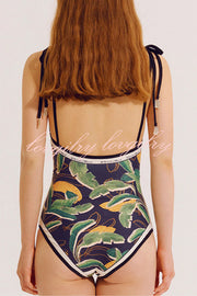 Khloe Vintage Style Floral Color Block Printed Reversible Tie Shoulder Stretch One-piece Swimsuit