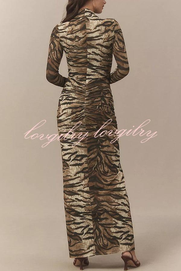 Winston Animal Print High-neck Long Sleeve Ruched Hip Stretch Maxi Dress