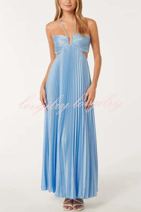 Caught Your Eye Satin Pleated Cross Straps Cutout Flowing Maxi Dress