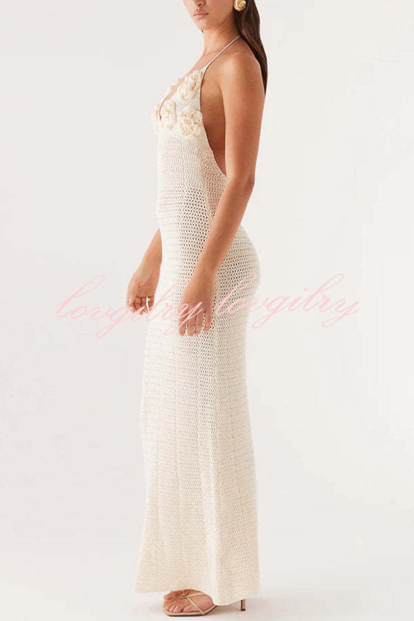 Olivia Crochet Knit Rose Texture Backless Stretch Maxi Dress