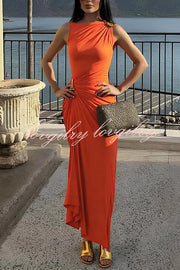 Fashionable Metallic Embellishments Pleated Sleeveless Slim-fit Maxi Dress