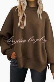 Distressed Knit Side Slit Long Sleeve Pullover Sweater