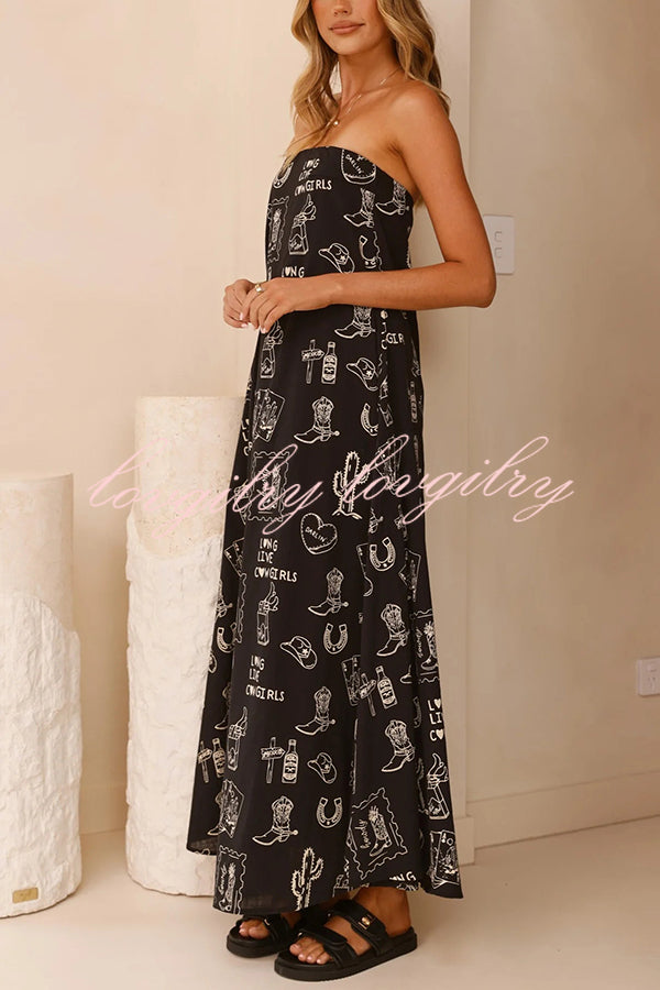 Unique Print Strapless Open Back Full Hem Maxi Dress