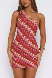 Playful Colorful Knitted Slim-fitting Offset Neck Stretch Mini Dress