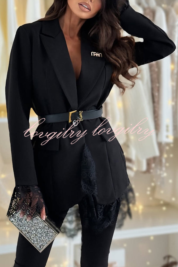 Spiced Muse Lace Trim Button Up Long Sleeve Lapel Blazer