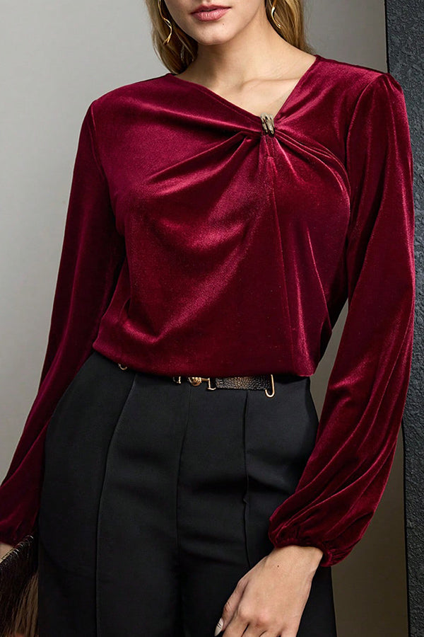 Fashionable Velvet Pleated Long-sleeved Knotted Casual Top