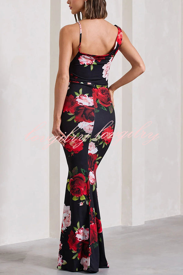 Keep Blooming Floral Print Asymmetric Cowl Neckline Stretch Maxi Dress