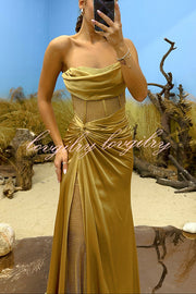 Essie Satin Rhinestone Patchwork Twist Waist Strapless Slit Maxi Dress