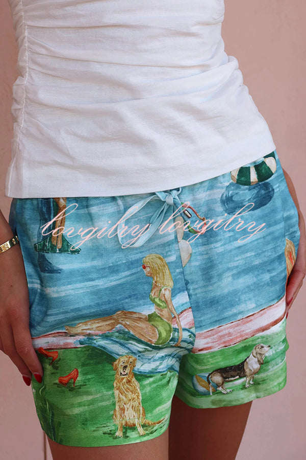 Pool Parties Linen Blend Unique Print Short Sleeve Shirt and Elastic Waist Pocket Shorts Set