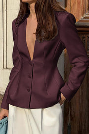 Solid Color Long-sleeved V-neck Button Casual Blazer