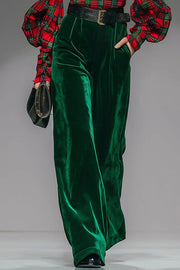 Retro Plaid Turtleneck Long Balloon Sleeve Top and Velvet Pocket Wide Leg Pants Set