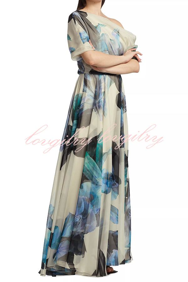 Unique Printed Bohemian Short-sleeved One-shoulder Maxi Dress