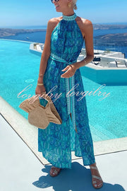 Unique Print Sexy Off-the-shoulder Waist Tie Slit Holiday Midi Dresses