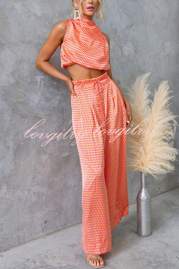 Girls Night Satin Printed High Neck Top and Elastic Tie-up Waist Pocket Wide Leg Pants Set