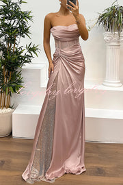 Audrey Satin Paneled Mesh Sequin Fabric Off Shoulder Ruched Drape Maxi Dress