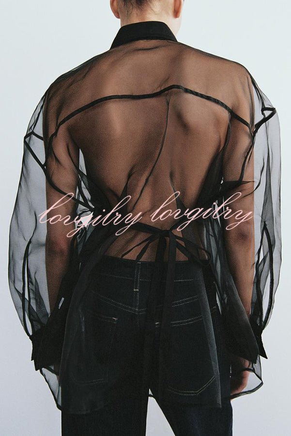 Party Partner Organza Patchwork Back Tie-up Semi-sheer Loose Blouse