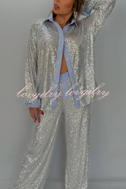 Fashion Sequined Loose Long-sleeved Shirt and Casual Elastic Waist Wide-leg Pants Set