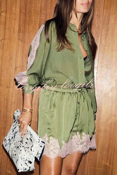 Eye-catching Work Contrast Color Satin Lace Trim Elastic Waist Pocket Shorts