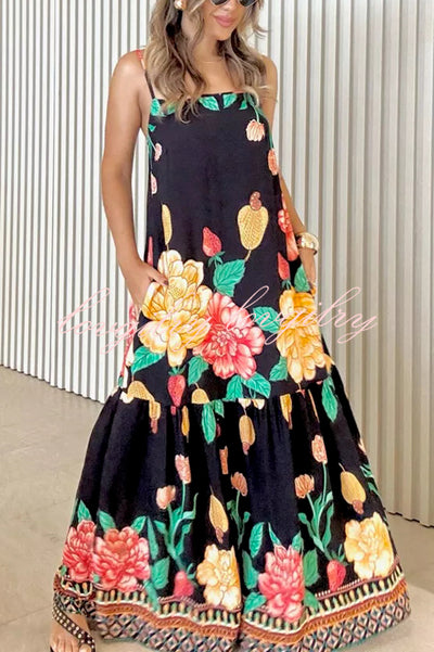 Floral Print Halter Back Loose Pocket Full Hem Maxi Dress
