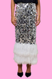 Playful Sparkling Large Sequin Faux Fur Tassel Hem Elastic Waist Maxi Skirt