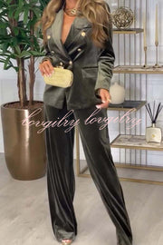 Guest of Honor Velvet Metal Button Lapel Blazer and Elastic Waist Pocketed Loose Pants Set