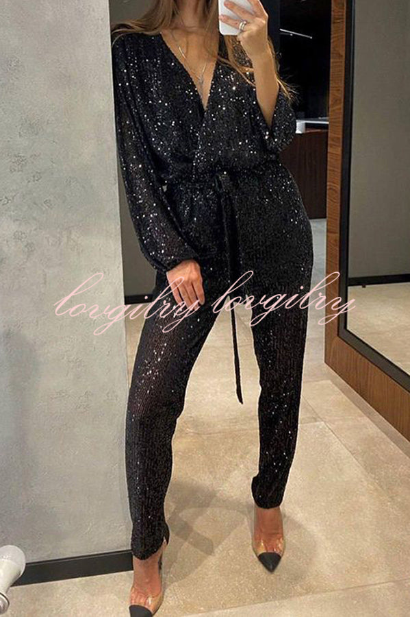 Cheers To You Sequin Long Sleeve Belted Wrap Loose Jumpsuit