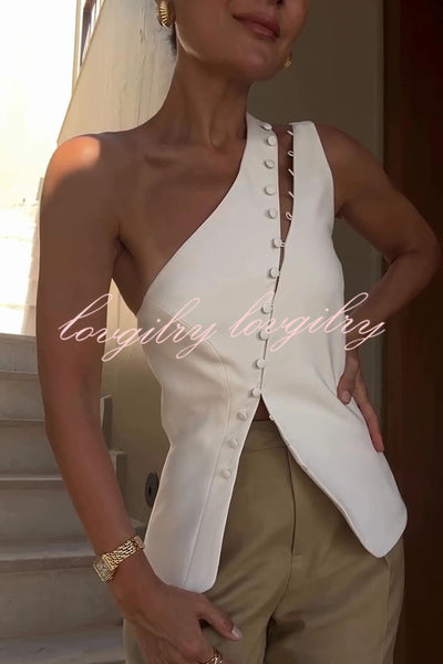 Full of Design Solid Color One Shoulder Asymmetric Slit Button Casual Vest