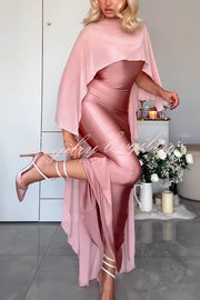 Party Charm Satin Sheer Chiffon High Low Cape Slip Maxi Dress