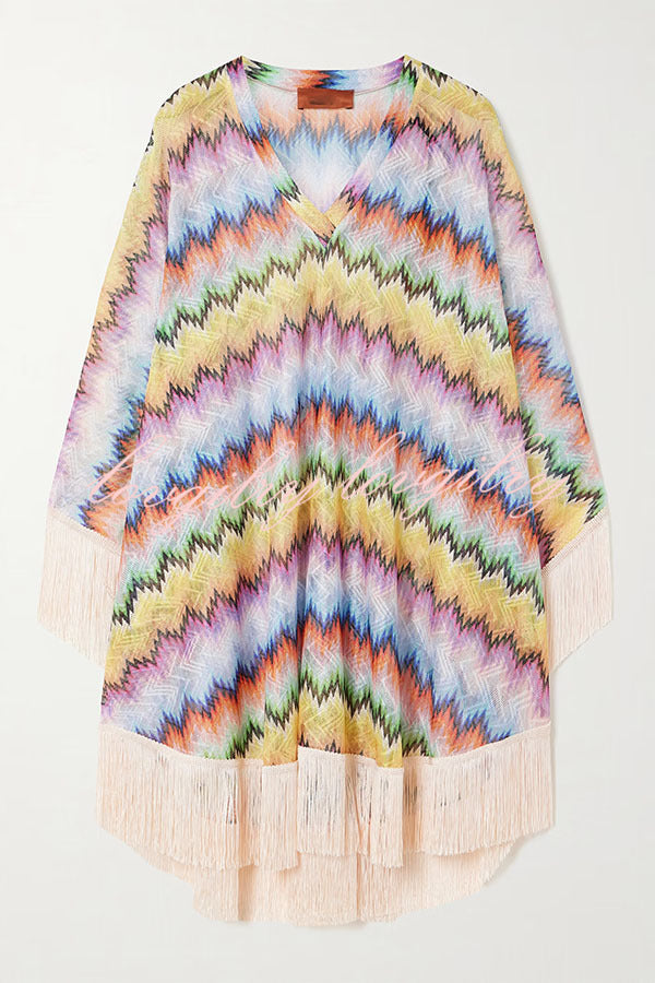 Jiya Knit Colorful Zigzag Pattern Tassle Trim Loose Kaftan Mini Dress
