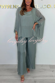 Solid Color Round Neck Loose Bat Sleeve Top and Elastic Waist Wide Leg Pants Set