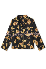 Golden Night Unique Print Color-block Trim Loose Shirt and Elastic Waist Pocketed Pajama Set