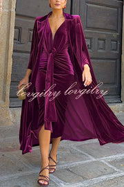Elisabeth Luxurious Velvet Padded Shoulders Long Sleeve Twist Waist Drape Midi Dress