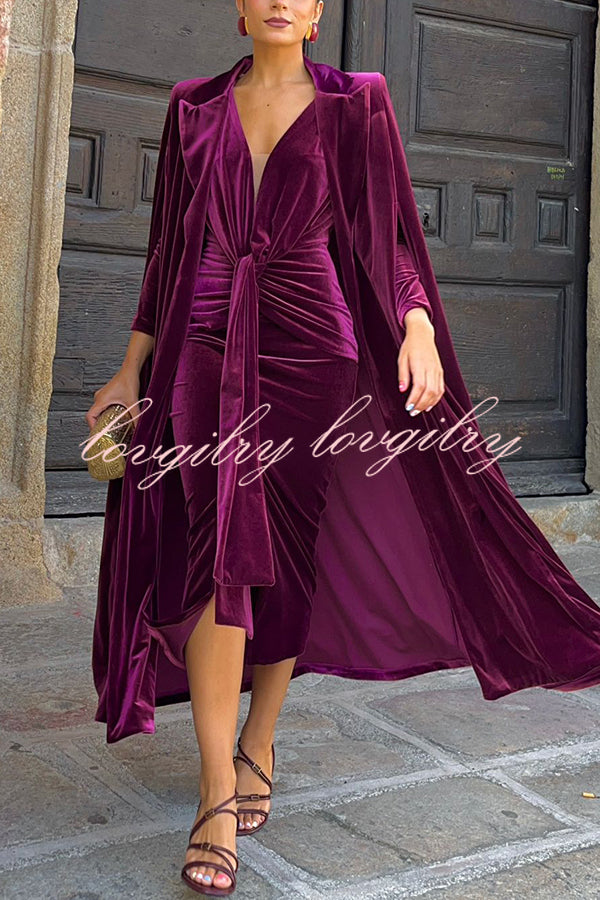 Elisabeth Luxurious Velvet Padded Shoulders Long Sleeve Twist Waist Drape Midi Dress
