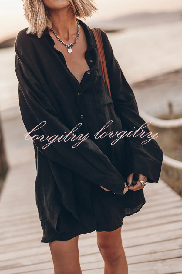 Go To The Beach Linen Blend Pocketed Long Sleeve Oversized Shirt