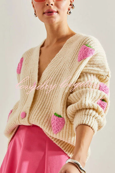 Stylish and Sweet V-neck Strawberry Embellished Knitted Cardigan