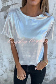 Metallic Solid Color Round Neck Short-sleeved Loose T-shirt