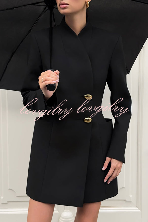 Kayleen Stand V-neck Decorative Metal Button Long Sleeve Pocket Blazer Mini Dress