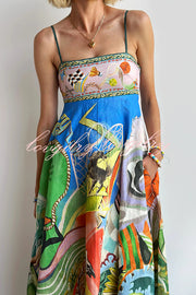 Linen Blend Unique Print Suspenders Back Pleated Pocket Resort Style Maxi Dress