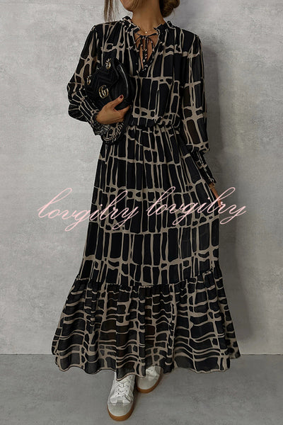 Unique Printed V-neck Tie-up Waist Long-sleeve Maxi Dress