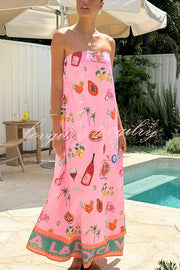 Linen Blend Unique Printed Strapless Holiday Loose Maxi Dress