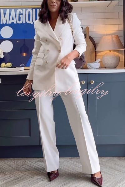 Elegant and Independent Button Lapel Blazer and Elastic Waist Pocketed Loose Pants Set