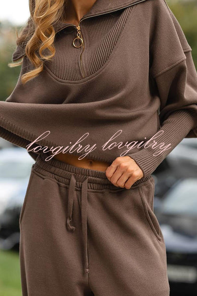 Solid Color Long-sleeved Zip-up Sweatshirt and Elastic Waist Loose Pocket Pants Set