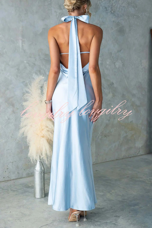 Satin Fashion Halter Backless Slim Elegant Maxi Dress