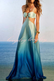 Joceline Satin Gradient Print Metal Decoration Cutout Back Tie-up Vacation Maxi Dress