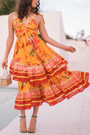 Tropical Sunset Unique Print Pleated Tie-up Straps Tiered Midi Dress