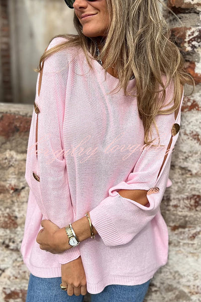 Solid Color Round Neck Hollow Long Sleeve Loose Knitted Sweater