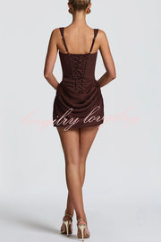 Cornelia Square Neck Back Lace-up Satin Drape Hem Mini Dress