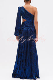Dazzling Night Metallic Pleated One Shoulder Cutout Balloon Sleeve Gown Maxi Dress