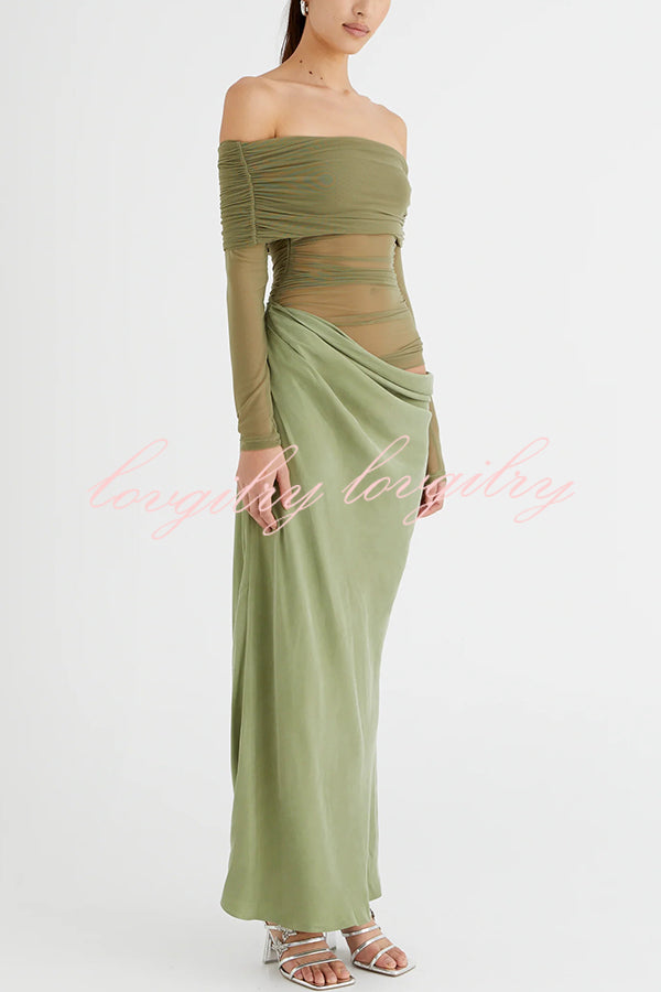 Exquisite Sexy Mesh Patchwork Off Shoulder Cutout Ruched Maxi Dress