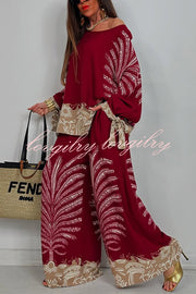 Unique Print Loose Drawstring Long Sleeve Top and Elastic Waist Casual Pocket Wide Leg Pants Set